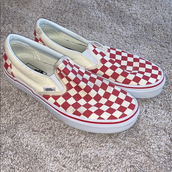 vans checkered slip on red